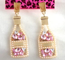 2 3/8" NEW BETSEY JOHNSON POPPED CORK CHAMPAGNE BOTTLE RHINESTONE PEARL EARRINGS