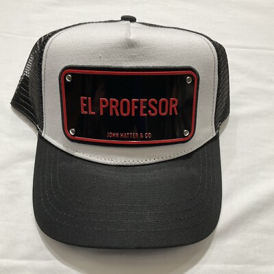 John Hatter & Co ALUMINUM PLAQUE Black/White Trucker Hat-EL PROFESOR-New W/Tag