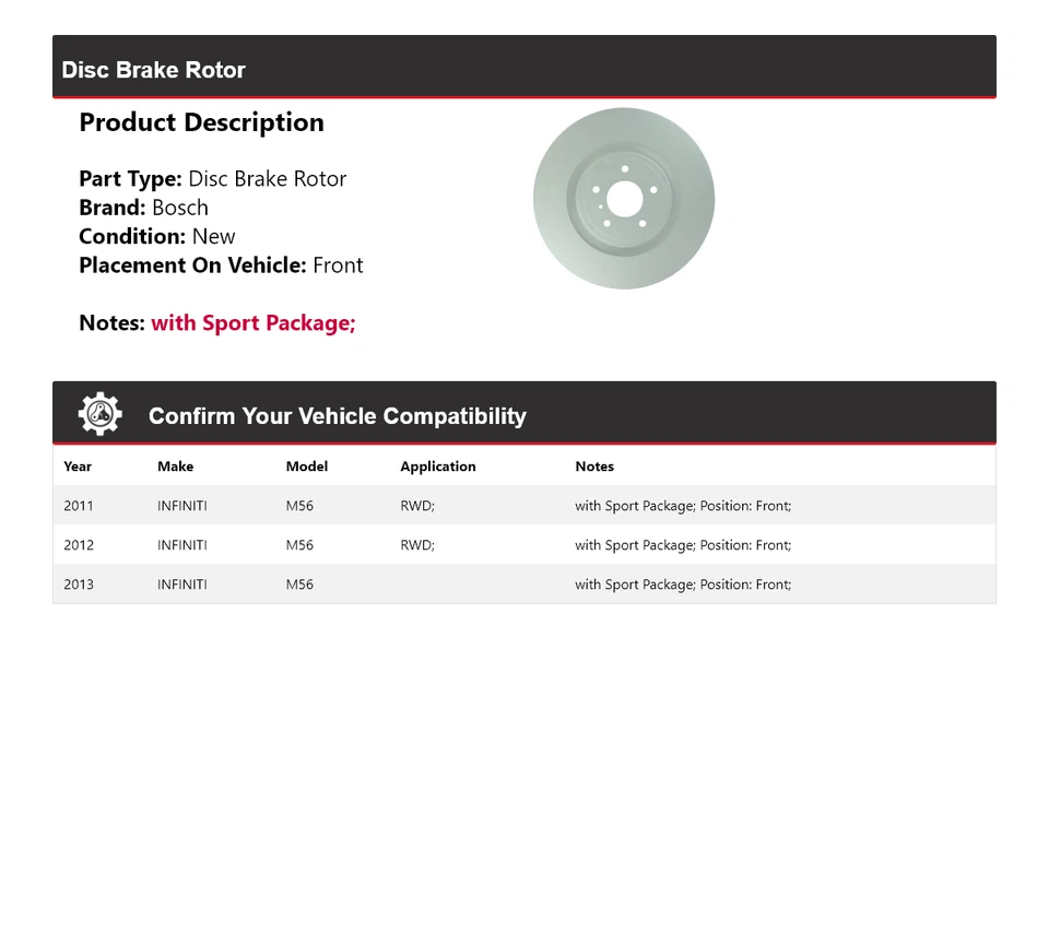 Rotor de freno de disco delantero para Infiniti M56 Bosch QuietCast 2011-2013 2012 Foto 2 de 4