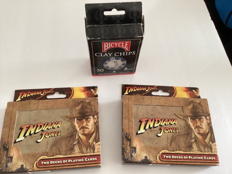 Indiana Jones Playing Cards 4 Decks in 2 tins cans +50 Bicycle Clay Chips 8 Gm.