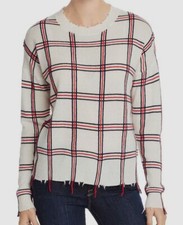  498 Aqua Women Ivory Plaid Crew-Neck Long-Sleeve Cashmere Sweater Sweatshirt XS
