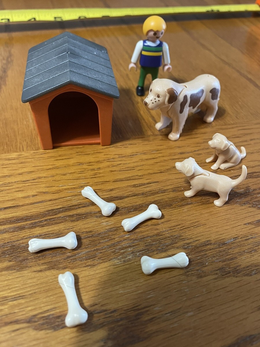 Playmobil Dog Family Baby Puppies red doghouse bones boy Figure lot brown  white