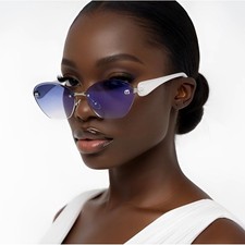 Gafas de sol sin marco ojo de gato lentes degradadas azules marco blanco mujer corte diamante
