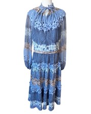 VTG Cathy Gray Boho Prairie Pleated Dress Size 16 Romantic Modest Cottagecore