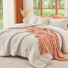Queen Size Comforter Set Beige, 3 Piece Solid Bedding for All Seasons, Warm D...