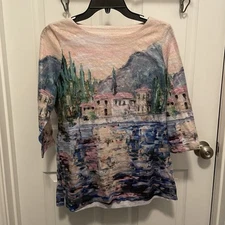 FDJ French Dressing Jeans Top Women's Size Small Cream Nature Village Scene