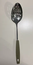 Ekco Chromium Plated Slotted Spoon, with Avocado Green Plastic Handle USA 12"