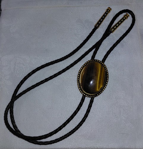 Natural Tiger's Eye Stone BOLO TIE Western Brown Leather Rope 36" Long