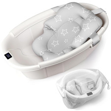 Baby Bathtub, Baby Bath Tub with Thermometer Soft Cushion, Collapsible Infant