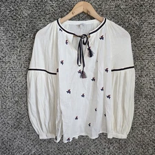 Lucky Brand Top Womens XS White Boho Embroidered Oversized V Neck Blouse Tassels