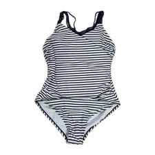Kona Sol Navy White Striped Crisscrkss One Piece Swimsuit Macrame Back Sz L EUC