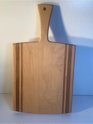 Wooden Cutting Board Contrasting Wood Inlay Paddle Handle 15.5 x8.5 