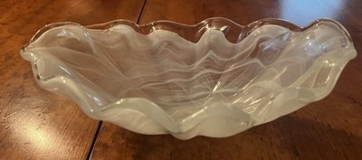 Murano Style Hand-Blown White Glass Bowl With Ruffled/Scalloped Edge