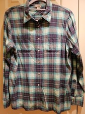 L.L.Bean Women's Plaid Cotton Flannel Shirt Button Up Teal Blue/Multi Sz M