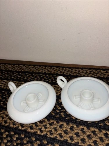 Pair Vintage White Milk Glass Candle Holders with Finger Loop