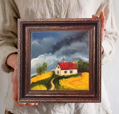 Oil Painting Rural House in Field Landscape 8x8 inch Cotton Canvas Handmade Arts