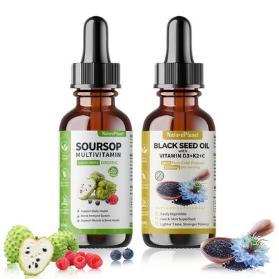 NaturePlanet Organic Soursop Bitters and Black Seed Oil Drops Bundles with Vitam