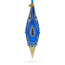 Royal Blue and Gold Jeweled Elongated Pointed Teardrop Finial Glass Ornament