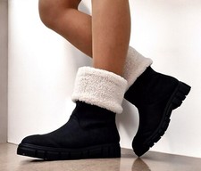 Women's Black Ankle Boots Flat Slip On Ladies Faux Fur Trim Shoes UK 3 / Narrow