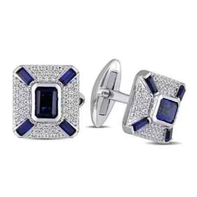 3Ct Emerald Cut Lab Created Blue Sapphire Men's CuffLinks 14K White Gold Plated