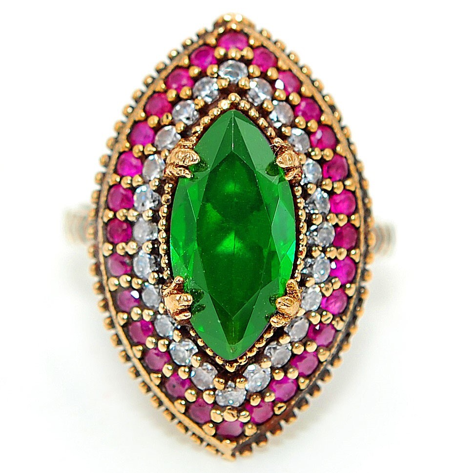 Ottoman Empire Inspired 4CT Treated Emerald 925 Sterling Silver Size 8 Ring HB3-2