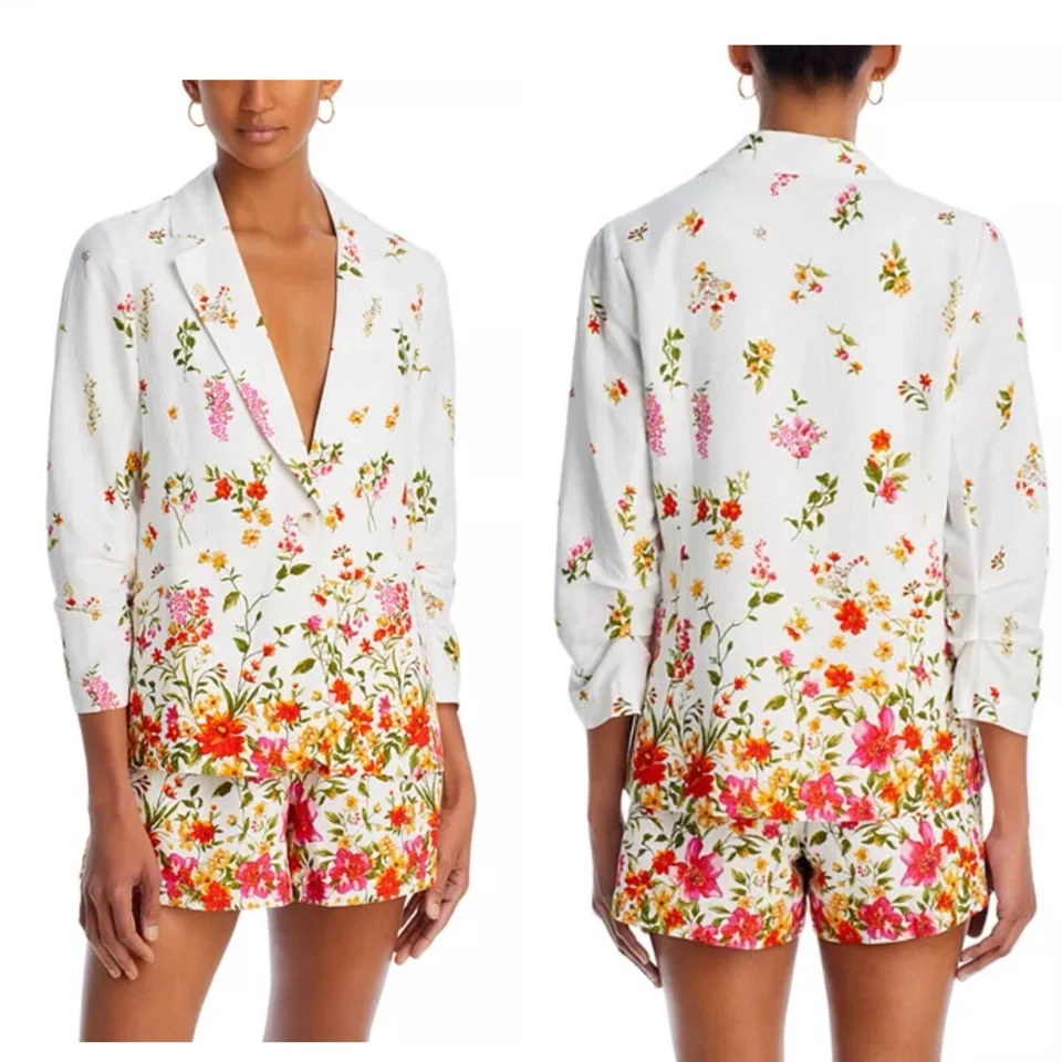 Blazer Mujer Aqua Blanco Estampado Floral Acanalado Manga 3/4 Forrado M Botón Frontal Foto 2 de 4