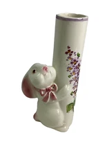 Vintage FTD Weiss Brazil Porcelain Ceramic Bunny Bud Vase w/ Lilacs 7 1/2”H