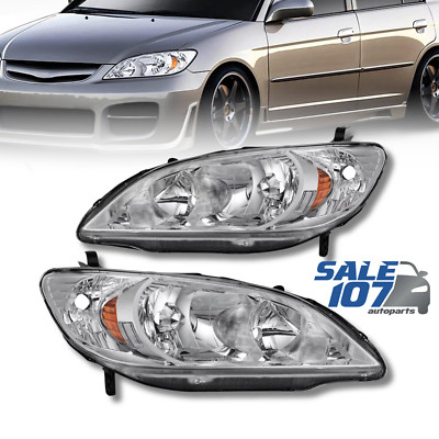 For 2004-2005 Honda Civic 2/4 Dr Chrome Lamps Headlight Clear Amber Left+Right