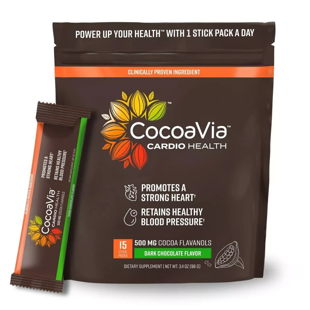 Cardio Health Cocoa Powder Packets, 15 Single-Serve Sticks with 500mg Cocoa Flavanols for Heart Support