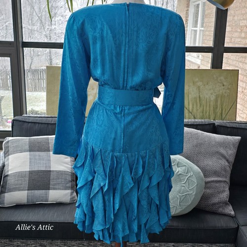 80er Glamourös kräftig blau 100 % Seide Midikleid quadratischer Ausschnitt Gürtel Schulterpolster Vintage 8* - Bild 6 von 9