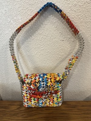 PRE-OWNED MULTI COLOR PURSE MADE FROM RECYCLED CHIP WRAPPERS- 7 X 14