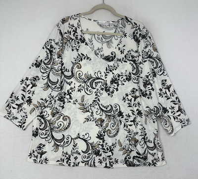 Susan Graver Womens Shirt V Neck Stretch 3/4 Sleeve Off White Floral Size 2X