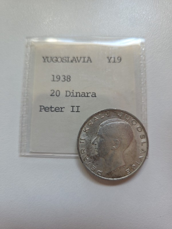 1938 Yougoslavia 20 Dinara Silver Coin King Peter II King of Yugoslavia