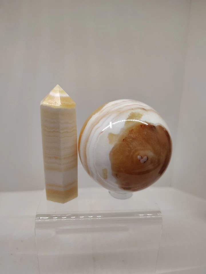 Beautiful Banded Orange Calcite Yellow Calcite Sphere Point Combo Mineral Gift - Image 2 of 4