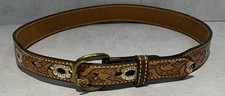 Vintage 1970s Dud Dee Men  s Tooled Leather Western Belt 275B Brass Buckle Sz 32