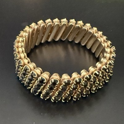 Vintage 50s Jet Black Rhinestones Gold-tone Expandable Cuff Bracelet Made JAPAN