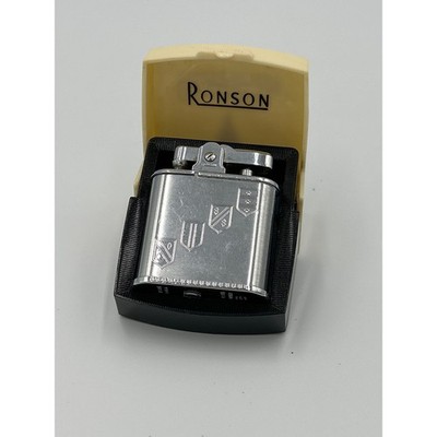 Vintage Ronson Standard Silver Tone Lighter Engraved Heraldic Crest with Case
