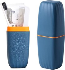 Travel Toothbrush Case Holder with Toothpaste Stand Blue Bathroom Organizer