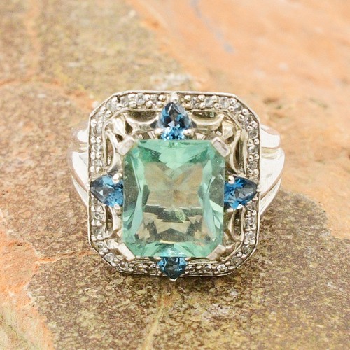 Sterling Silver 925 Green Blue & White Spinel Cocktail Ring Size 5.75