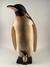 Large 11.75” Wood Carved Painted Mother Penguin w/Baby Figurine Art Statue