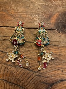 Authentic Lunch at the Ritz Christmas Tree Earrings Dangling Ornaments Gold Plated Pierced