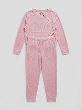 Juicy Couture Pink Velour Pajama Set XL Long Sleeve Drawstring Logo Rhinestone
