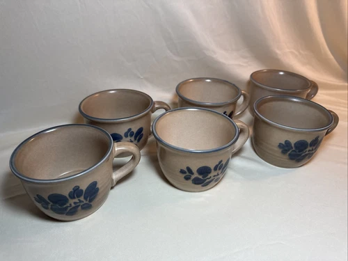 Pfaltzgraff Folk Art Coffee Tea Cups Mugs Blue Tan USA Stoneware | Set Of 6