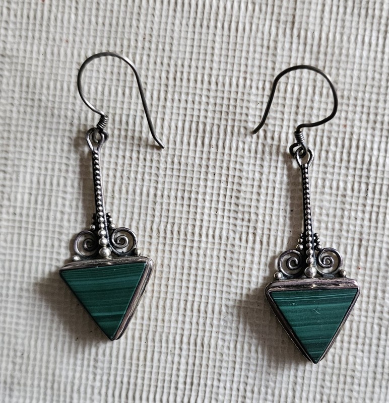 Sterling Silver (925) Trillion Malachite Gemstone Earring with Fish/French Hook