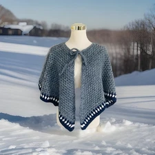 Handmade Crocheted Gray/Blue White Trim Shawl Poncho Cape Shrug Tie Front NEW