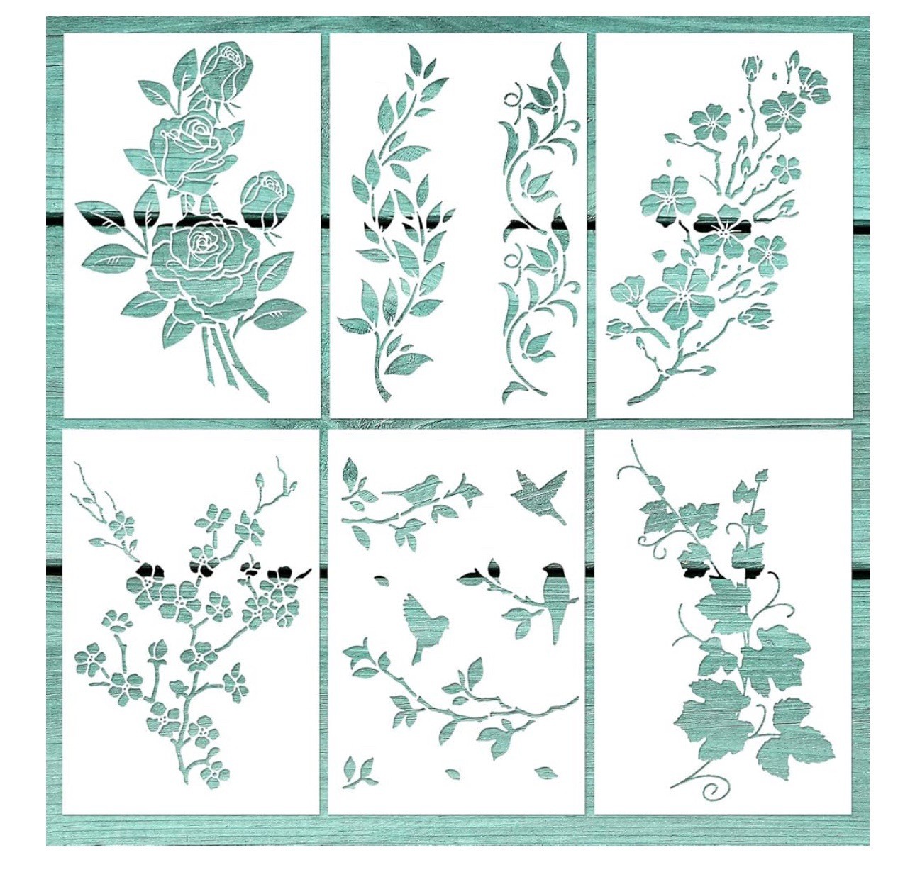 6 PCS Vine Leaf Rose Stencil Cherry Blossom Stencil Bird Tree Branch Stencils...