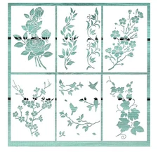 6 PCS Vine Leaf Rose Stencil Cherry Blossom Stencil Bird Tree Branch Stencils...