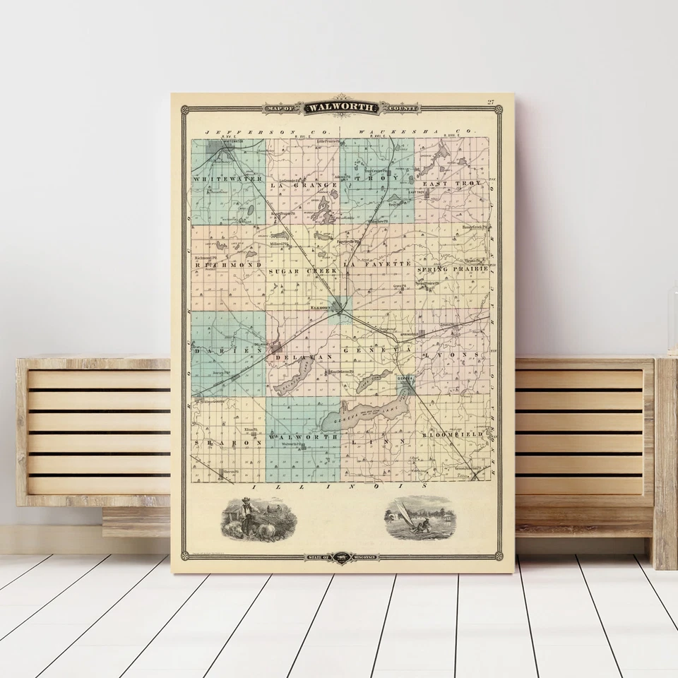 Old Map of Walworth County, WI 1878 - Vintage Wisconsin Art - Image 3 of 4