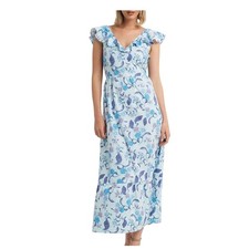 H Halston Blue Floral Midi Dress V Neck Ruffle Sleeve Tie Back Womens Small