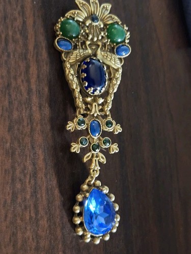 4 in long signed Pin Brooch Askew London Gold Chystal blue green
